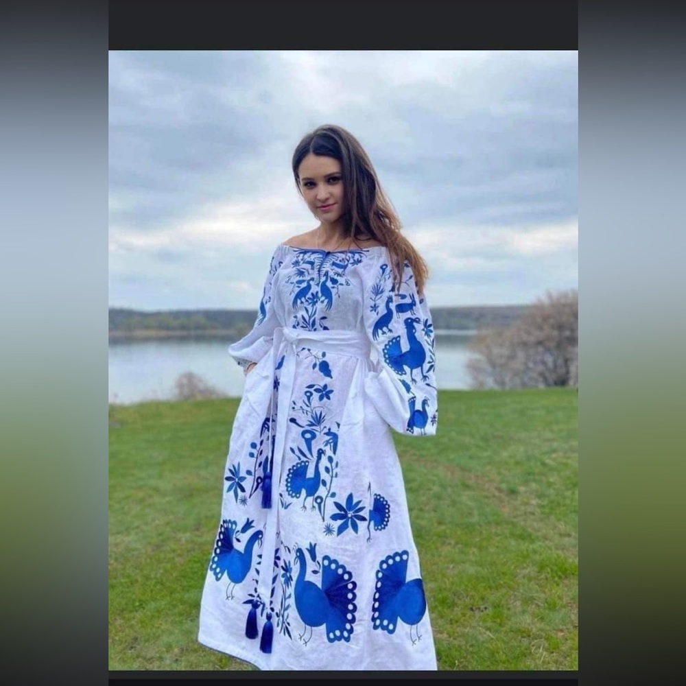 Custom made embroidered dress - Ukrainian vyshyvanka with peacocks motif